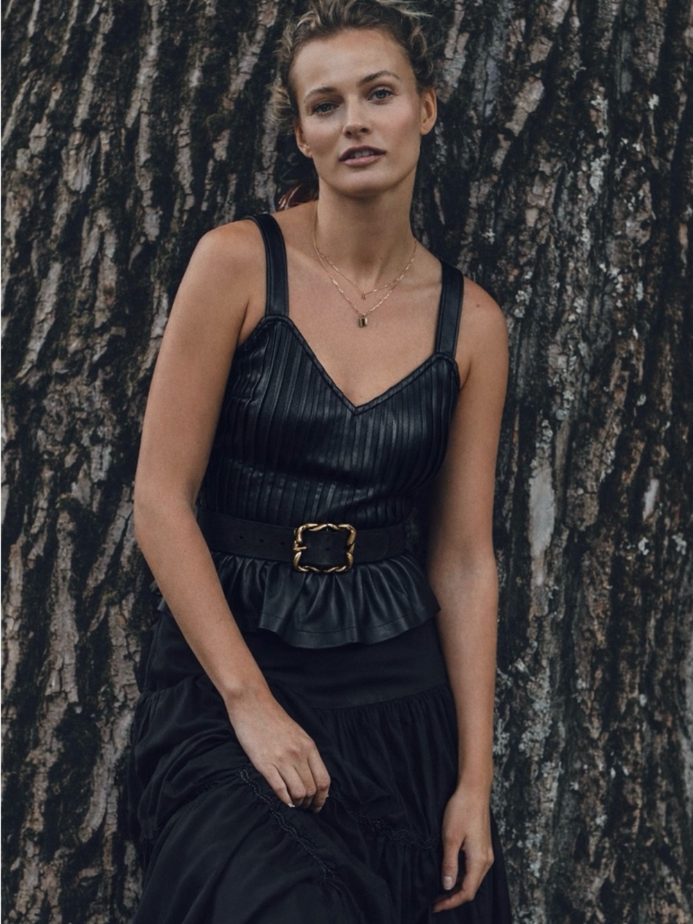 ANTHROPOLOGIE M L LET ME BE Faux Leather Pintucked Cami Tank Top in Black